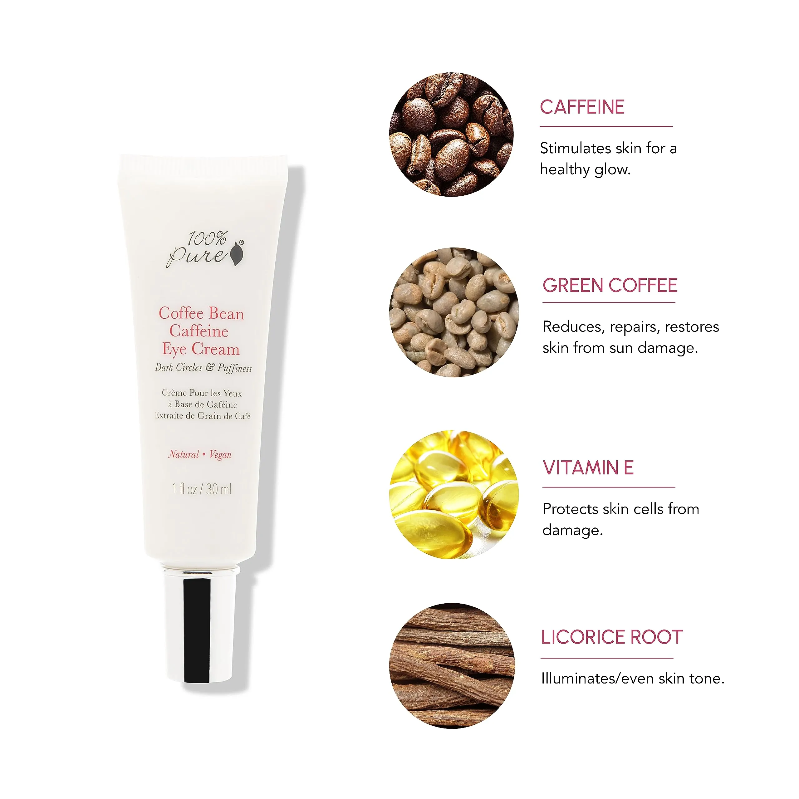 100% PURE Coffee Bean Caffeine Eye Cream Refresh & Hydrate Under Eye Treatment Reduce Puffiness, Dark Circles, Wrinkles with Green Tea, Rose Hip, Vitamin E - Youthful Vibrant Eyes - Vegan - 1 oz