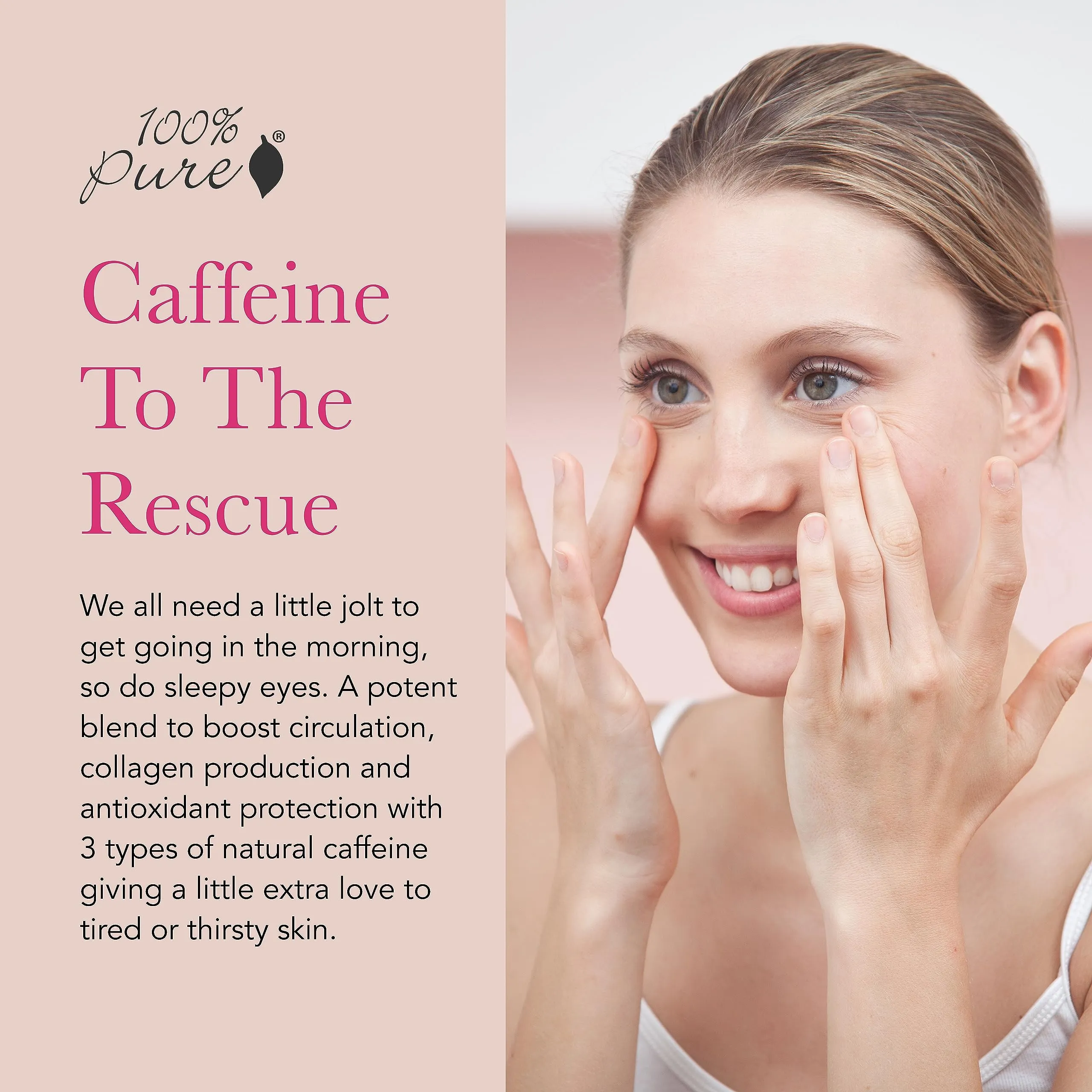 100% PURE Coffee Bean Caffeine Eye Cream Refresh & Hydrate Under Eye Treatment Reduce Puffiness, Dark Circles, Wrinkles with Green Tea, Rose Hip, Vitamin E - Youthful Vibrant Eyes - Vegan - 1 oz