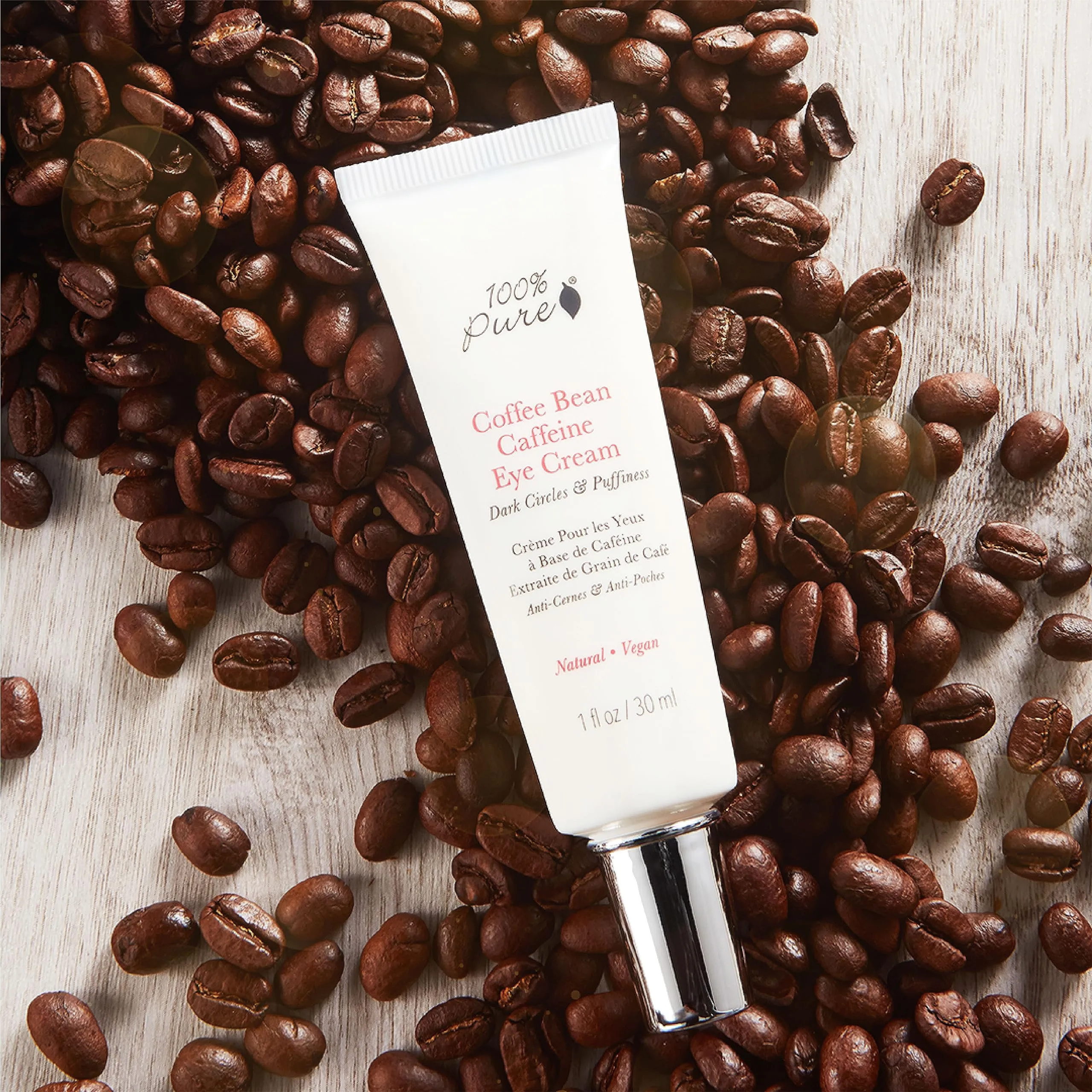 100% PURE Coffee Bean Caffeine Eye Cream Refresh & Hydrate Under Eye Treatment Reduce Puffiness, Dark Circles, Wrinkles with Green Tea, Rose Hip, Vitamin E - Youthful Vibrant Eyes - Vegan - 1 oz