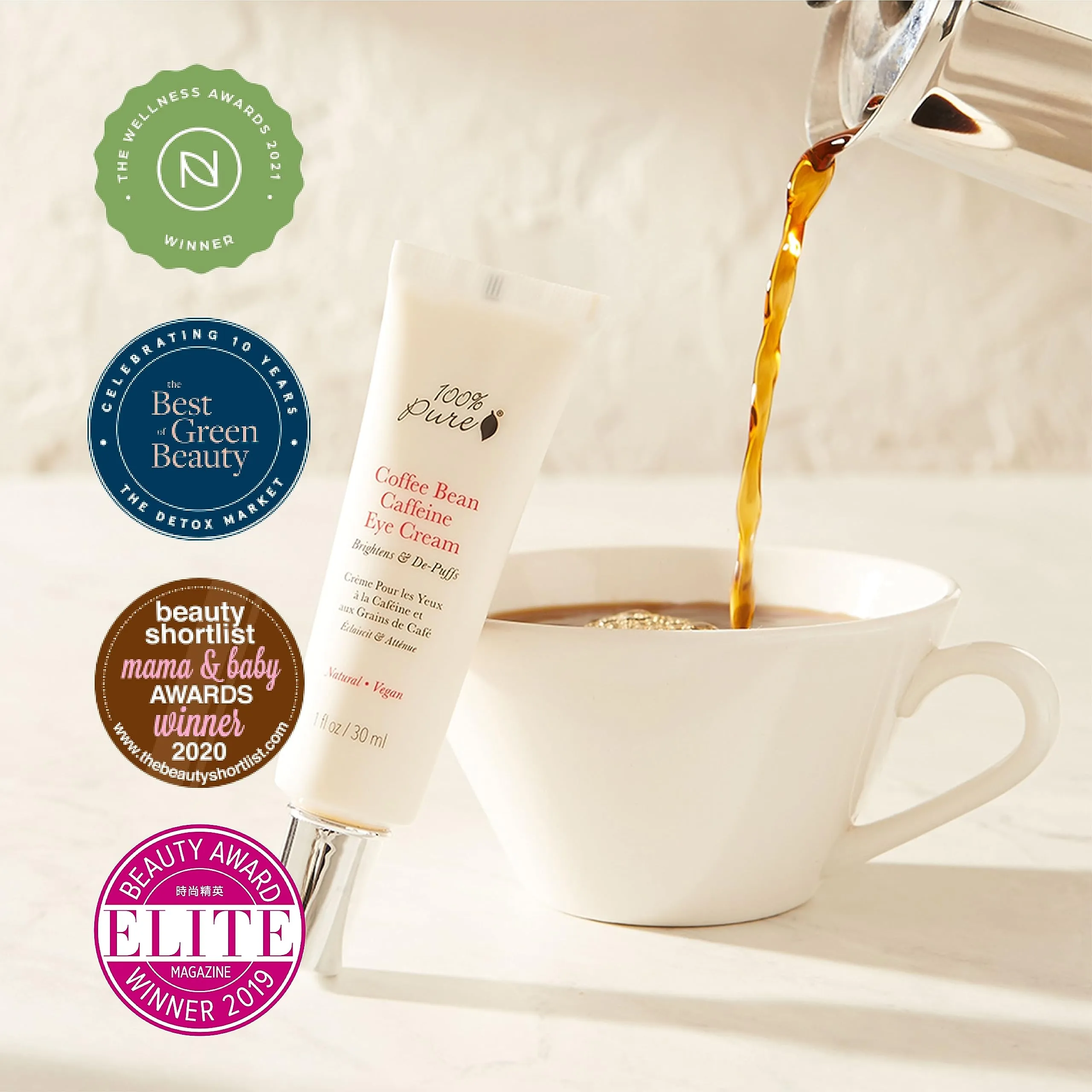 100% PURE Coffee Bean Caffeine Eye Cream Refresh & Hydrate Under Eye Treatment Reduce Puffiness, Dark Circles, Wrinkles with Green Tea, Rose Hip, Vitamin E - Youthful Vibrant Eyes - Vegan - 1 oz