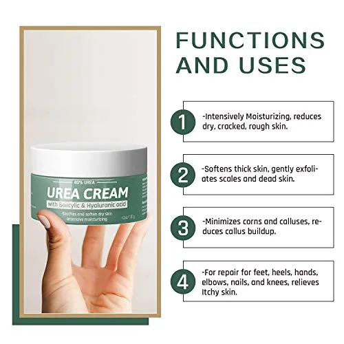 Berlaney Urea Cream 40 Percent For Feet Maximum Strength with 2% Salicylic Acid 4.3 oz, Foot Cream For Dry Cracked Heels Feet Knees Elbows Hands, Callus Remover, Aloe Vera For Deep Moisturizes