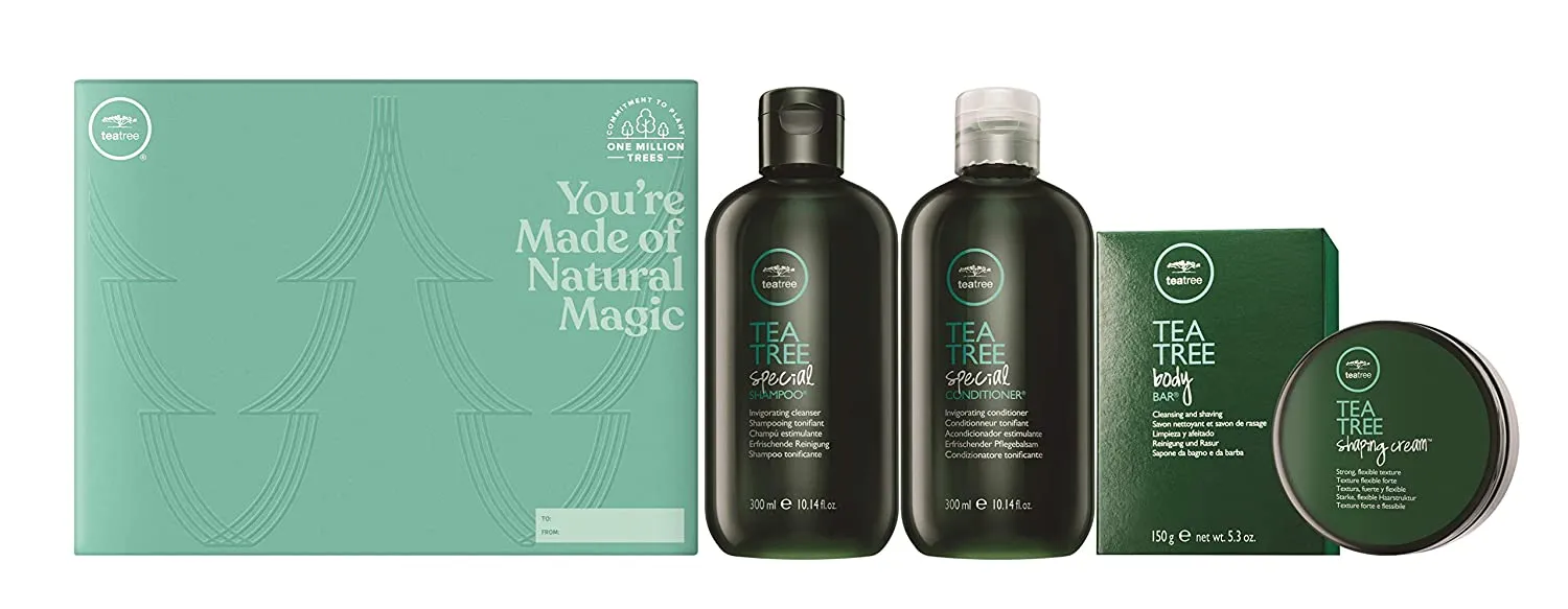 Paul Mitchell Tea Tree Special Shampoo 10oz, Conditioner 10oz, Bar soap 5oz and Hair Shaping cream.